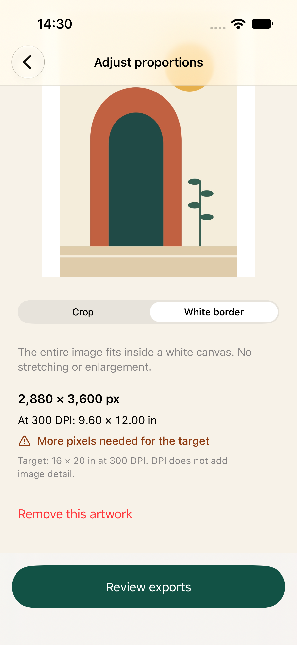 The ArtPack editor scrolled to White border settings, showing the fitted image, 2880 by 3600 pixel output and a resolution warning.