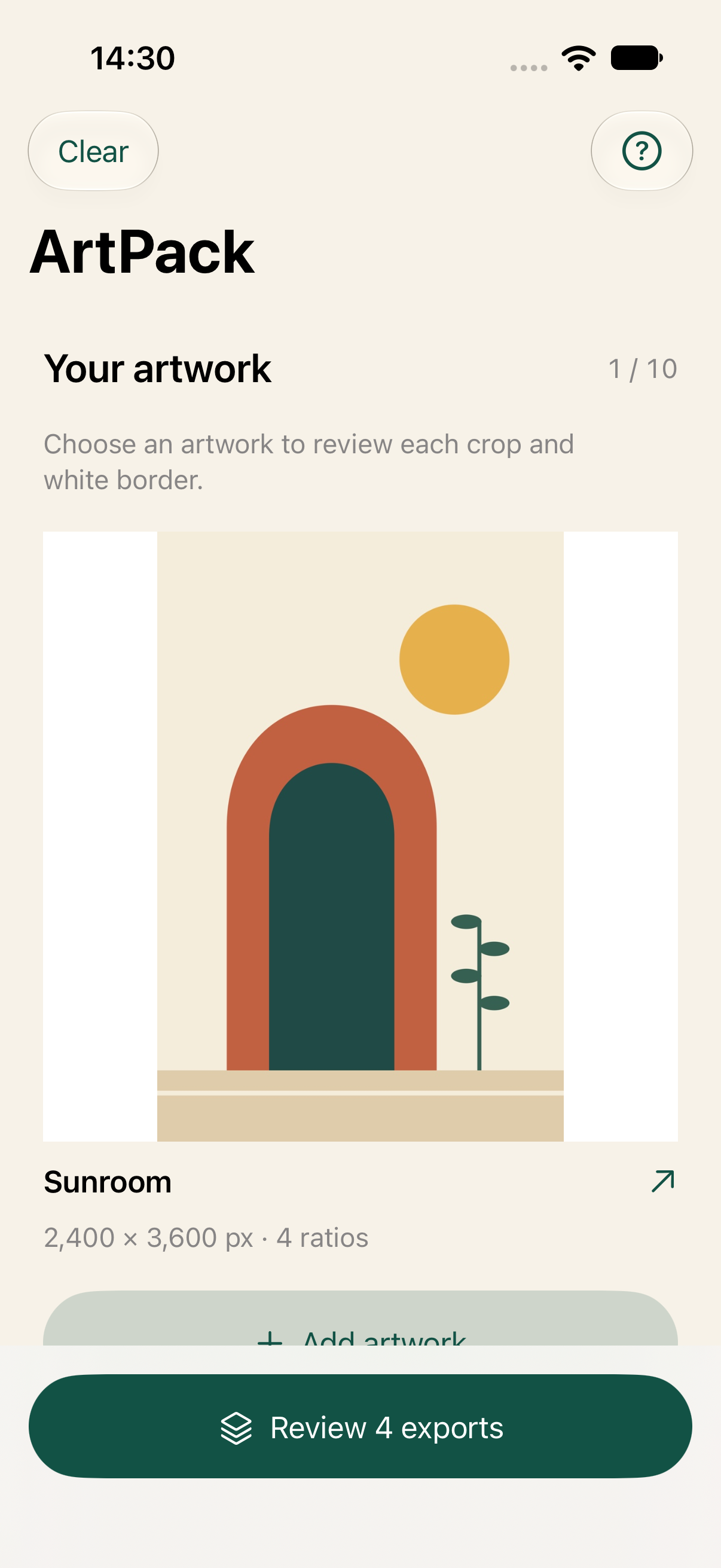 ArtPack iPhone interface with the Sunroom example artwork and a button to review four exports.