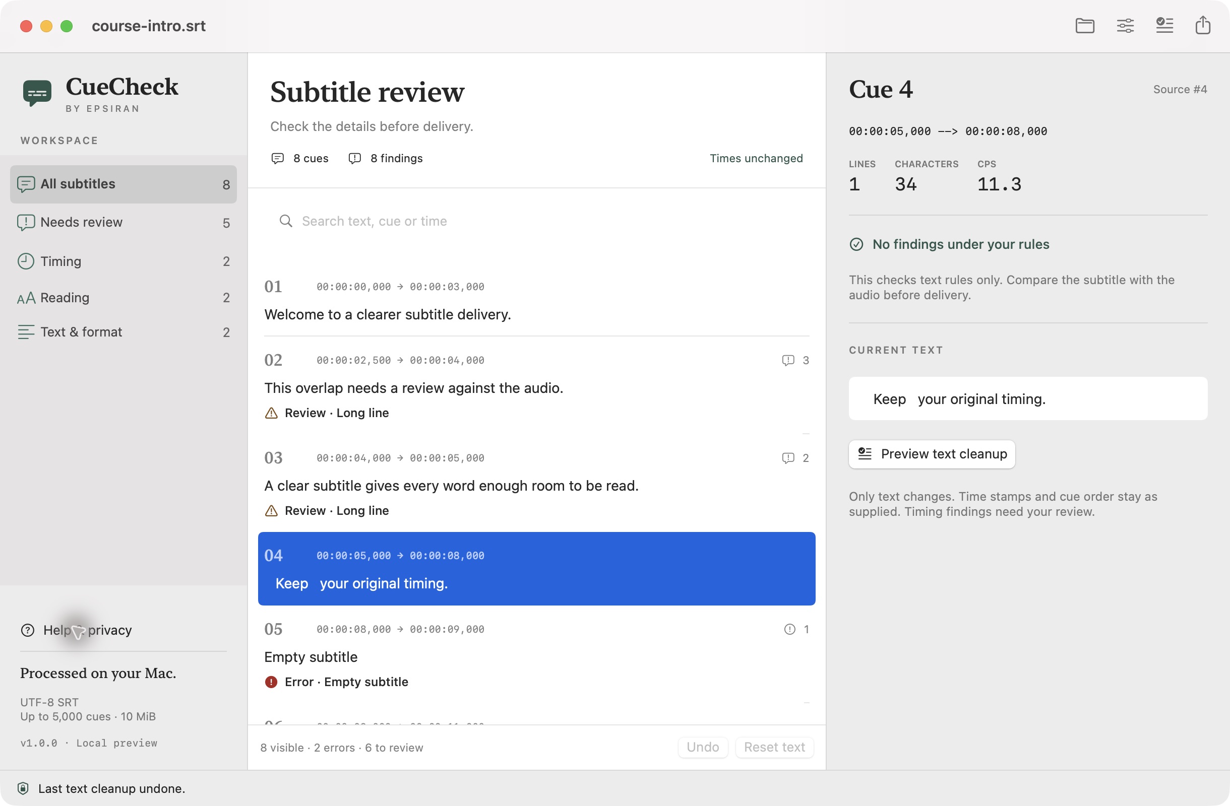 CueCheck app showing an SRT subtitle list, review filters and the selected subtitle details.