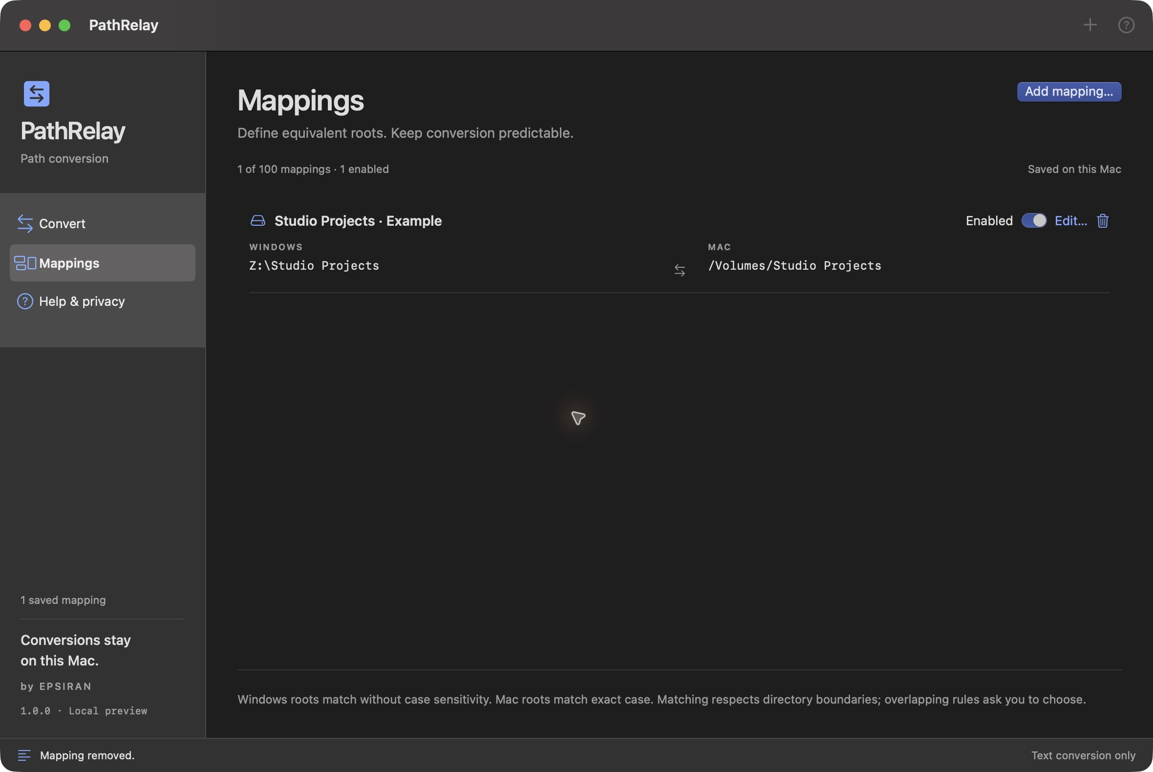 PathRelay mapping management in dark appearance, with one enabled Studio Projects Example mapping between a Windows root and a Mac root.
